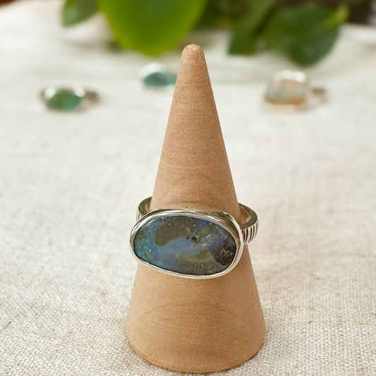 Purple Boulder Opal ring close up, deep violet purple shifting color Natural Earth Collective Ohio