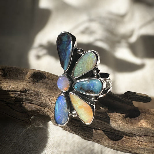 Opal Wild Flora ring close up, six varied Australian Opals each unique Natural Earth Collective Ohio