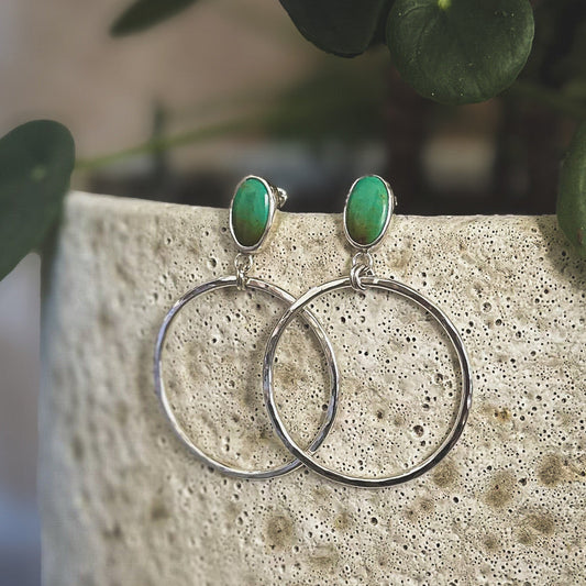 Turquoise stud hoop earrings close up, Kingman turquoise option Natural Earth Collective Ohio
