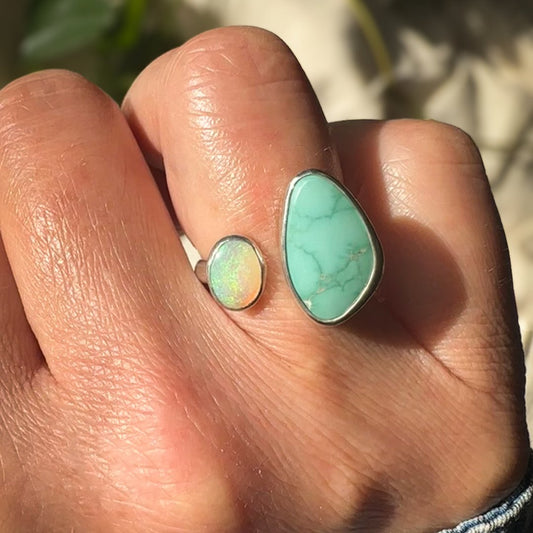 Lone Mountain Turquoise Pipe Opal ring close up, pale blue turquoise Natural Earth Collective Ohio