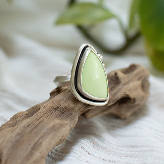 Lemon Chrysoprase ring size 10 close up, glowing natural stone Natural Earth Collective Ohio