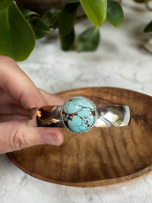 Turquoise wide cuff close up, natural stone artisan jewelry Natural Earth Collective Ohio