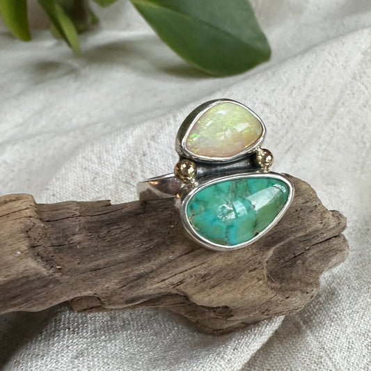 Turquoise and Boulder Opal ring close up, gold accent fine silver Natural Earth Collective Ohio