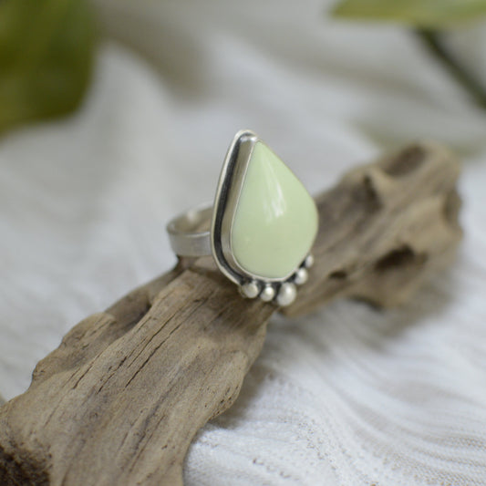 Lemon Chrysoprase ring size 6.75 close up, glowing larger natural stone Natural Earth Collective Ohio