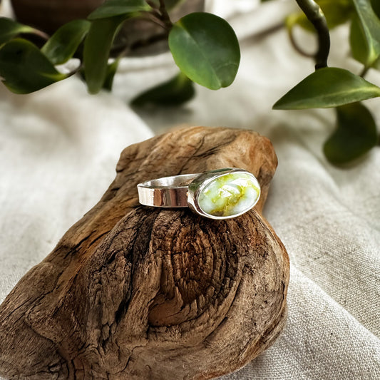 Palomino Variscite ring size 9.5 close up, soft blue-green natural stone Natural Earth Collective Ohio