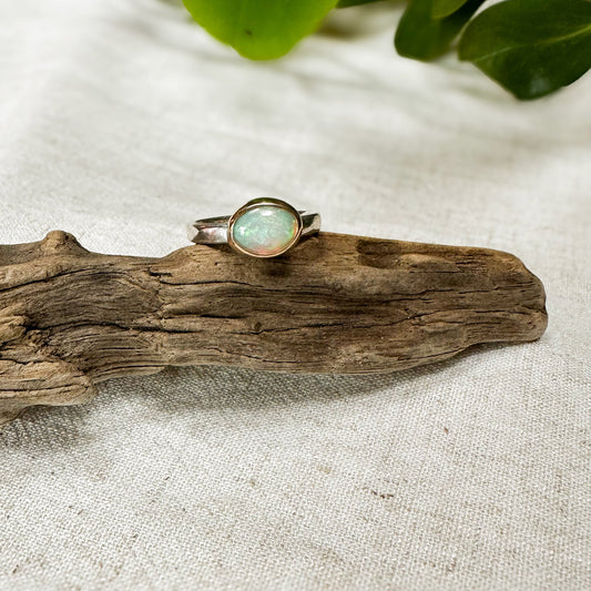 Ethiopian Opal ring No.4 close up, blue green red flash hydrophane opal Natural Earth Collective Ohio