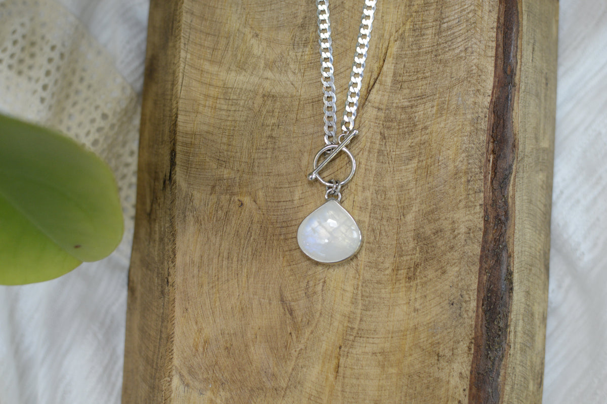 Moonstone toggle necklace detail, fine silver setting Natural Earth Collective Ohio