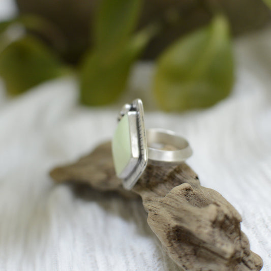 Lemon Chrysoprase ring size 8 close up, luminous natural stone Natural Earth Collective Ohio