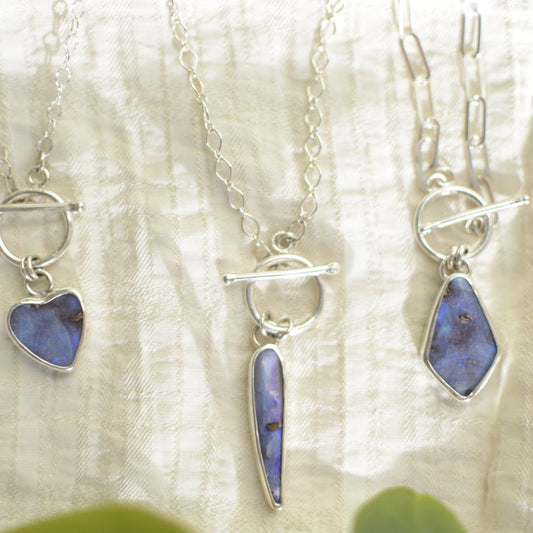 Diamond opal toggle necklace close up, violet purple shifting color play Natural Earth Collective Ohio
