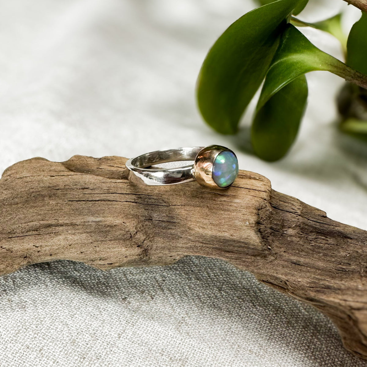 Mixed metal Ethiopian Opal ring No.1 styled, vibrant color play Natural Earth Collective Ohio
