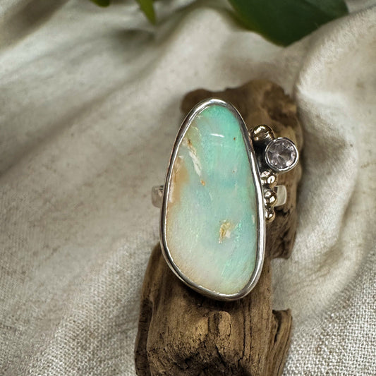 Boulder Opal Morganite ring close up, pastel pink opal color play Natural Earth Collective Ohio
