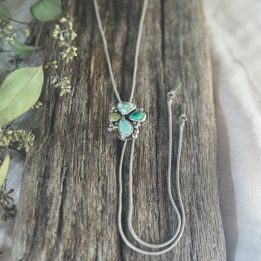 Mixed turquoise bolo necklace close up, multiple mine varieties Natural Earth Collective Ohio