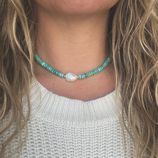 Sonoran turquoise pearl necklace close up, rich turquoise rondelle beads Natural Earth Collective Ohio