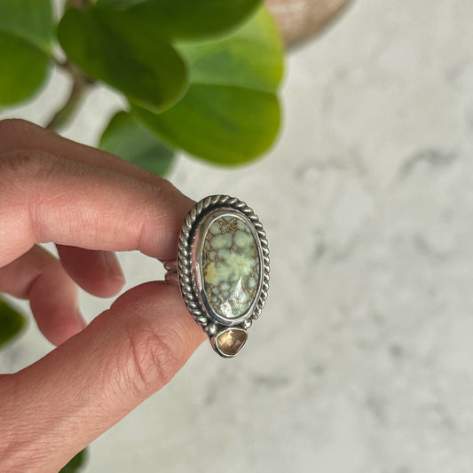 Agua Oro Variscite champagne zircon ring close up, earthy blue-green Nevada variscite Natural Earth Collective Ohio