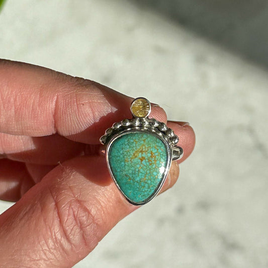 Turquoise and golden rutile quartz ring close up, natural stone fine silver Natural Earth Collective Ohio