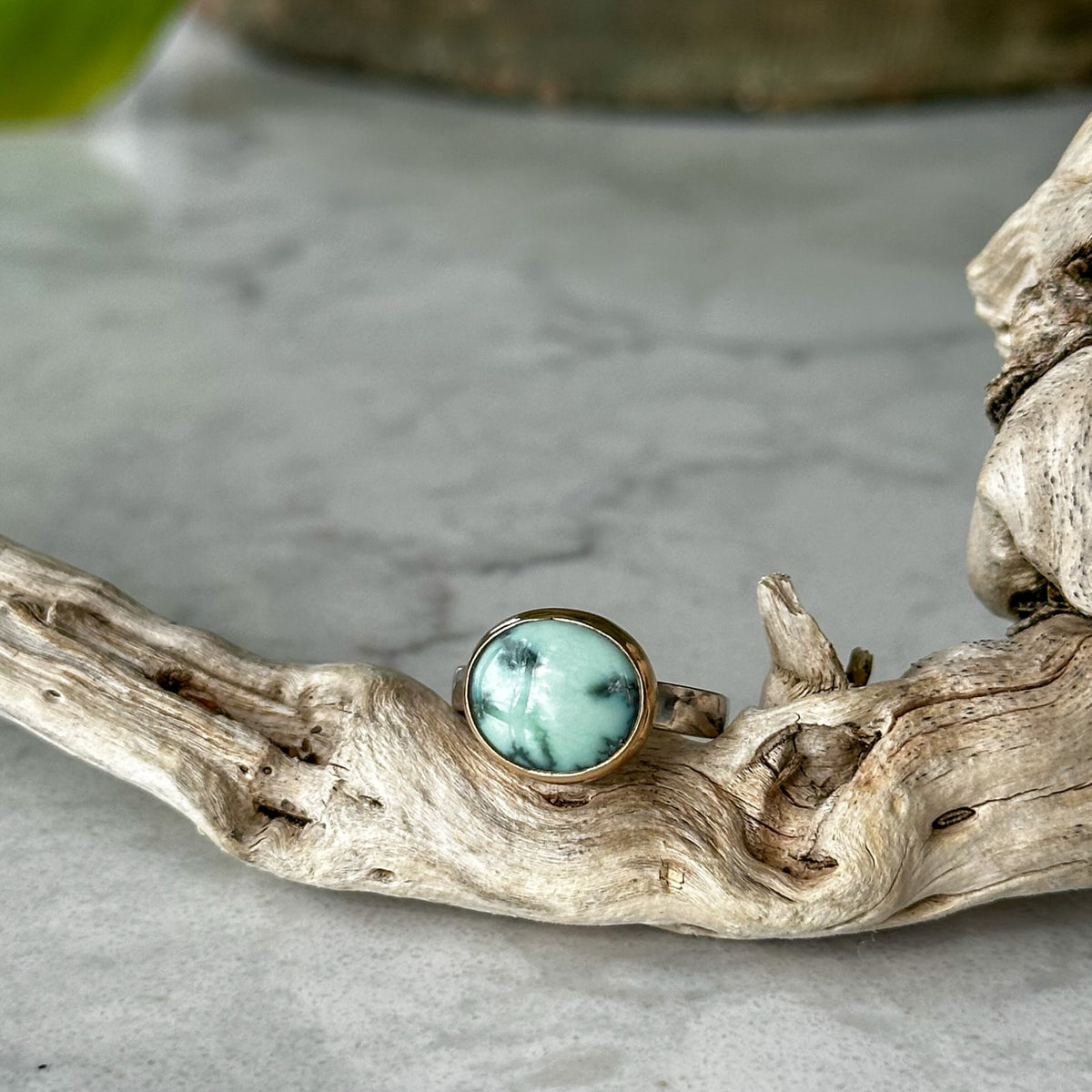 Colina Verde high grade variscite ring No.3 close up, bright mint green Nevada stone Natural Earth Collective Ohio