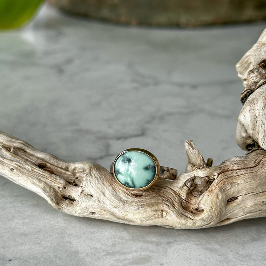 Colina Verde high grade variscite ring No.3 close up, bright mint green Nevada stone Natural Earth Collective Ohio