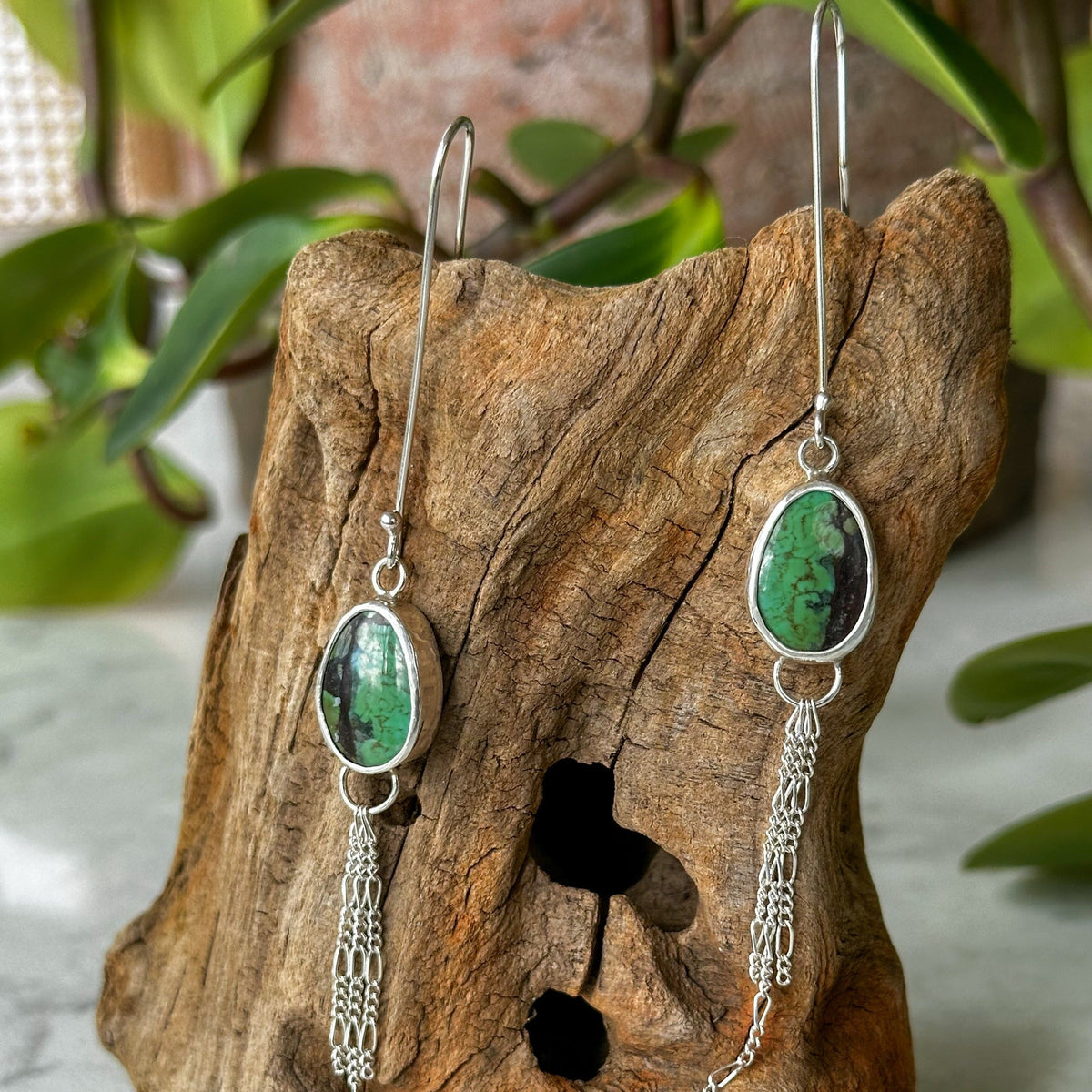 Cloud Mountain Turquoise dangle earrings with chain fringe, sterling silver Natural Earth Collective Ohio