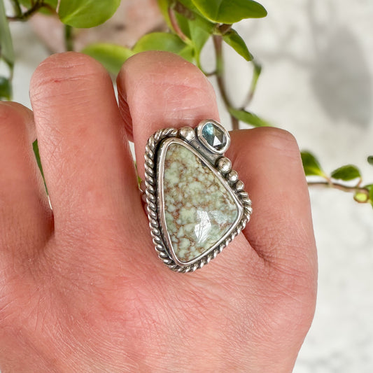 Agua Oro Variscite ring close up, golden water blue-green Nevada variscite Natural Earth Collective Ohio