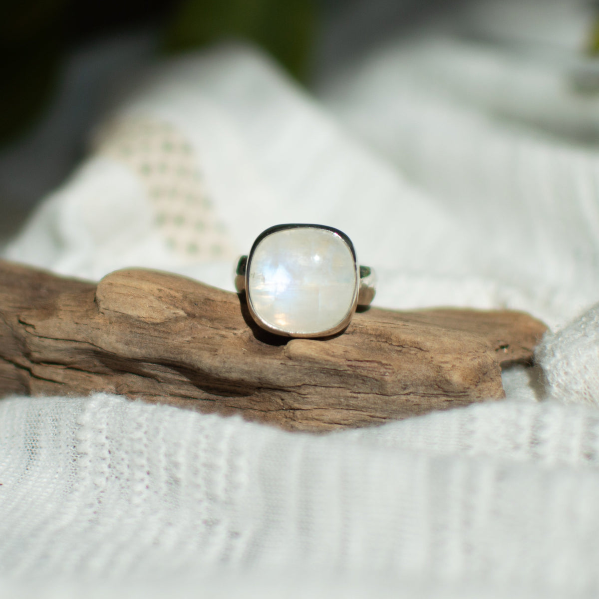 Rainbow Moonstone ring size 9 close up, blue adularescence natural stone Natural Earth Collective Ohio