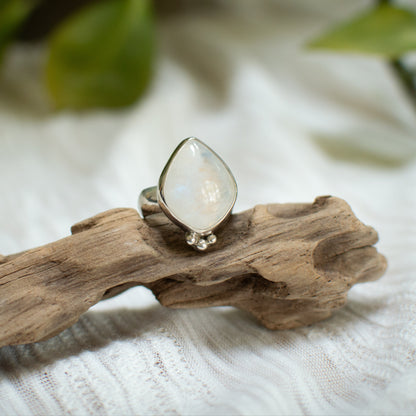 Rainbow Moonstone ring size 7.5 on hand, one of a kind artisan Natural Earth Collective Ohio