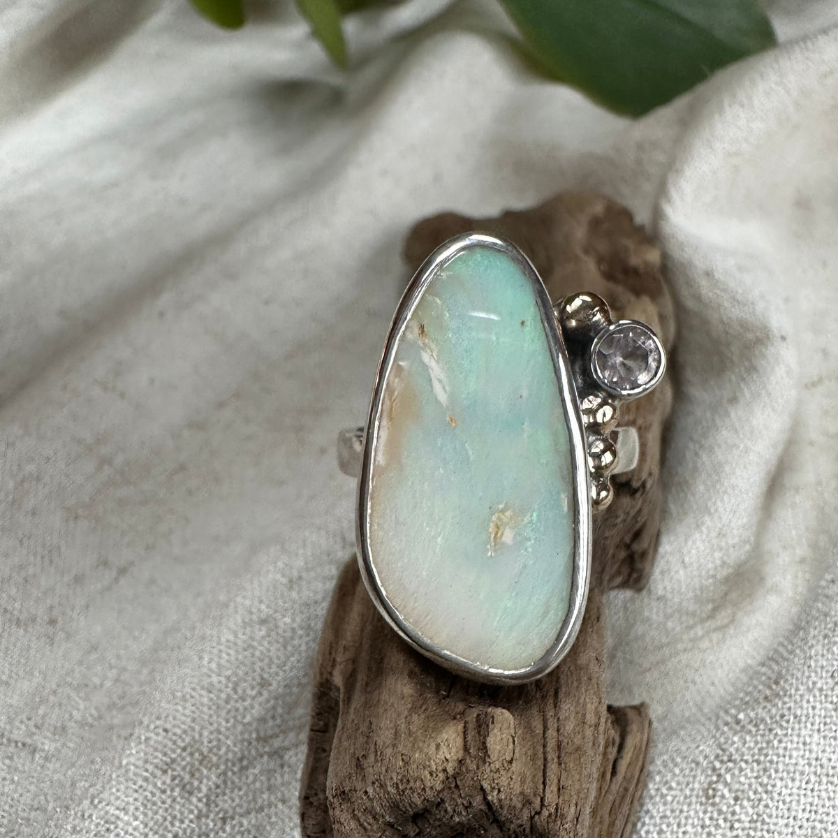 Australian Boulder Opal Morganite ring on hand, one of a kind handcrafted Natural Earth Collective Ohio