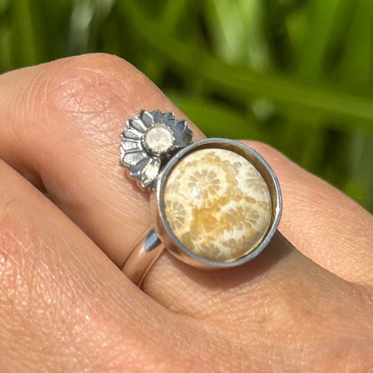 Fossilized coral and moonstone ring finish to size, ancient reef fossil sterling silver Natural Earth Collective Ohio