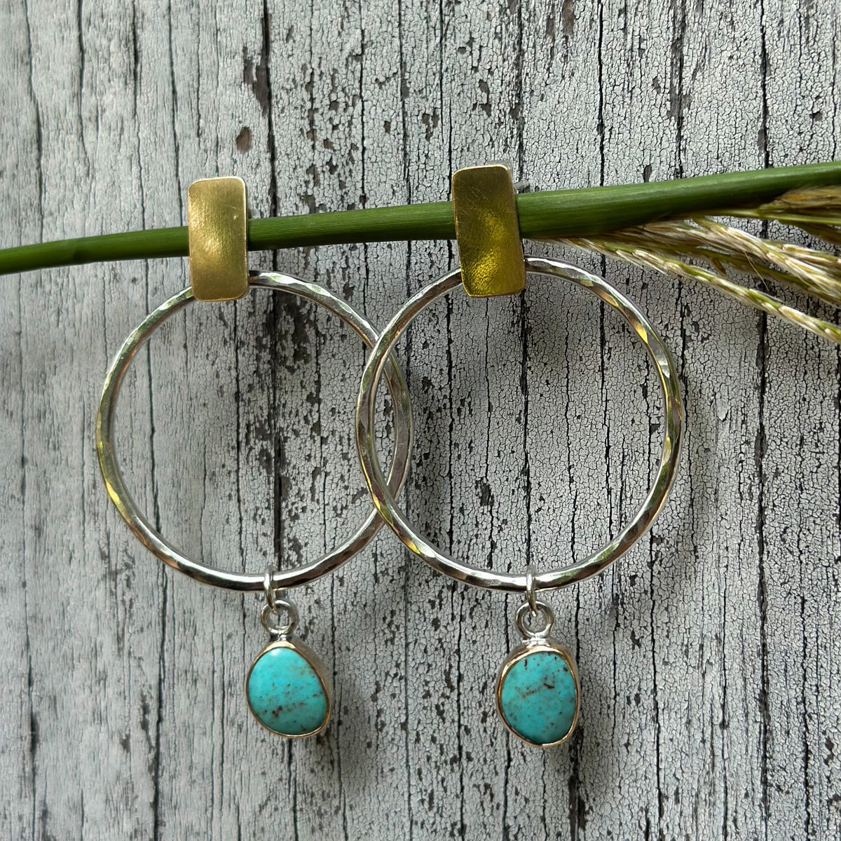 Kingman Turquoise mixed metal hoop earrings No.3, sterling silver 14k gold filled Natural Earth Collective Ohio