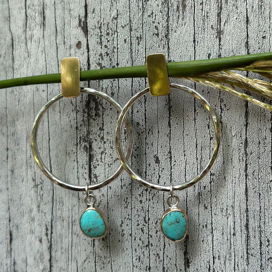 Kingman Turquoise mixed metal hoop earrings No.3, sterling silver 14k gold filled Natural Earth Collective Ohio