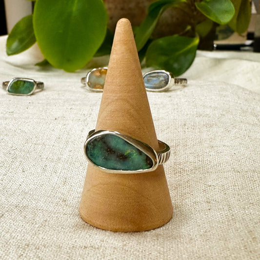 Deep blue Boulder Opal ring close up, rich ocean blue shifting color Natural Earth Collective Ohio