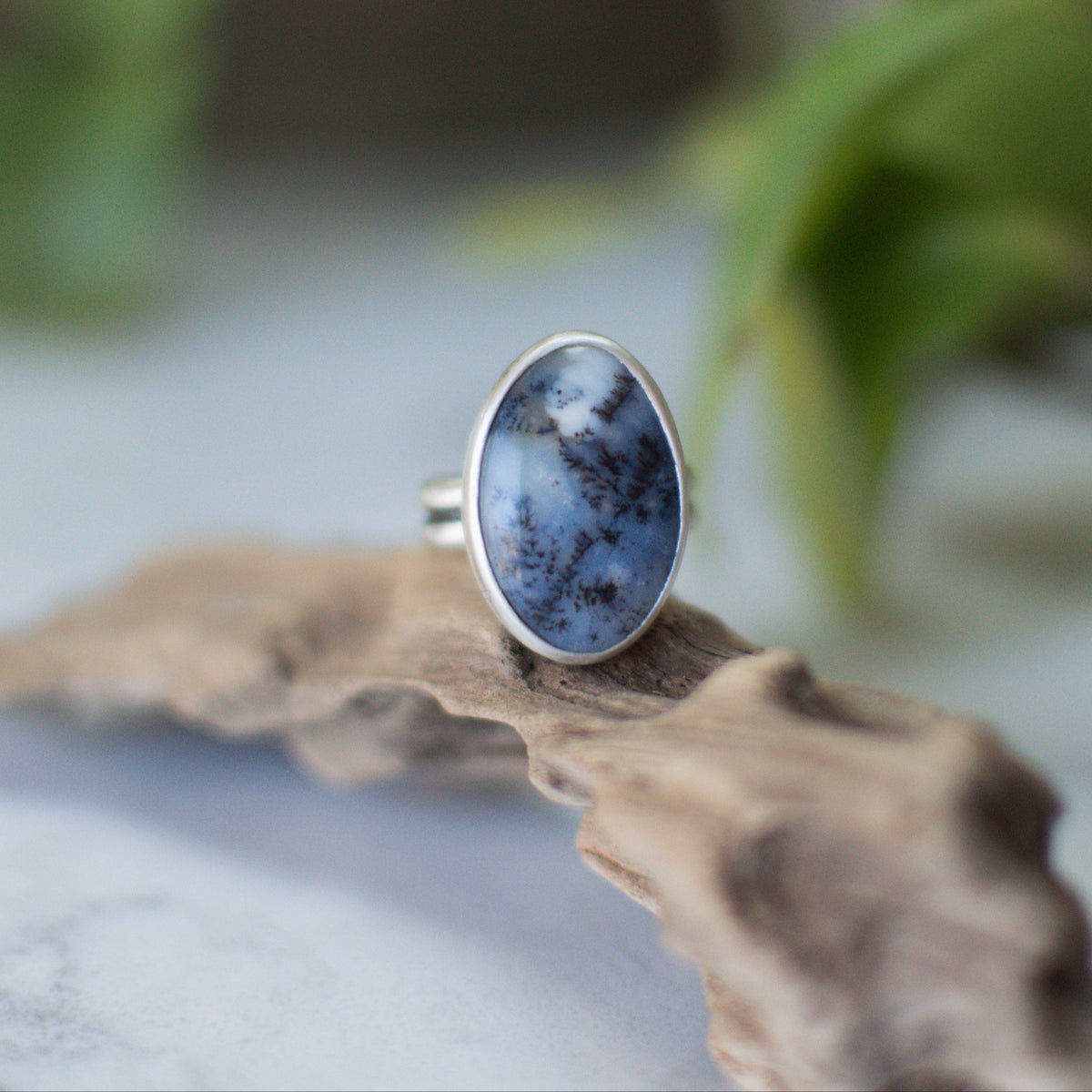 Oval Dendritic Agate ring size 7, sterling silver matte oxidized double shank band Natural Earth Collective Ohio