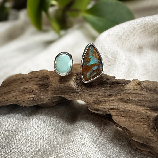 Australian Boulder Opal and Lone Mountain Turquoise open shank ring size 9, sterling silver Natural Earth Collective Ohio