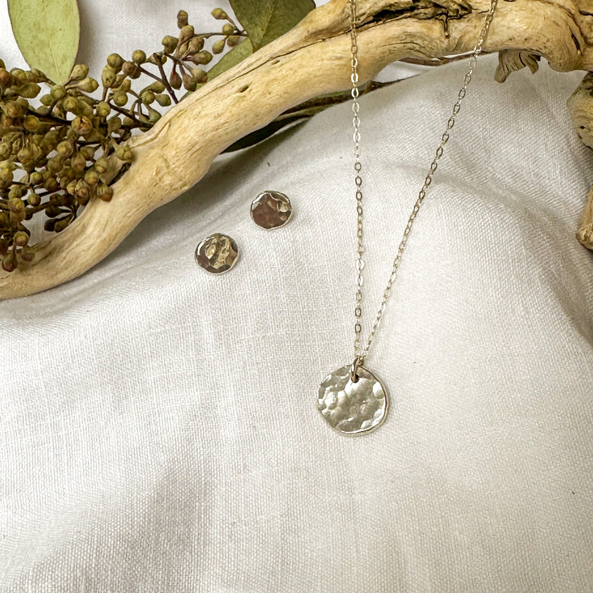 Dainty hammered dot necklace styled, recycled sterling silver layering necklace Natural Earth Collective Ohio