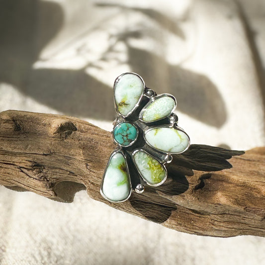 Palomino Wild Flora ring close up, pale green turquoise-family stones Natural Earth Collective Ohio