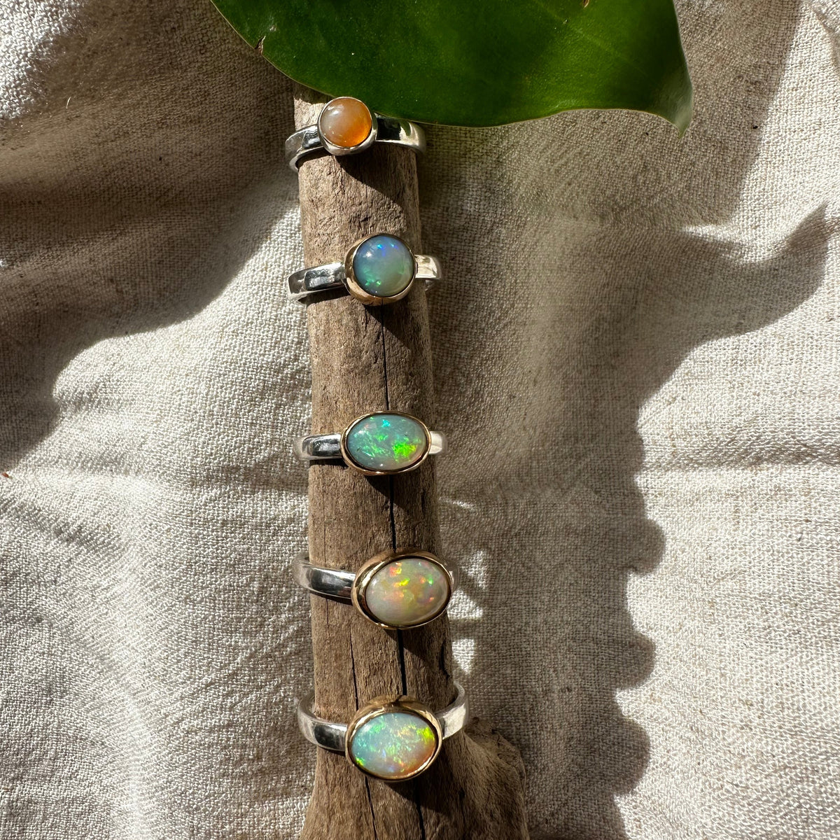 Ethiopian Opal ring No.3 detail, tricolor flash gold filled Natural Earth Collective Ohio