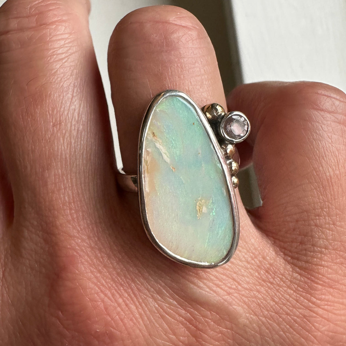 Boulder Opal and Morganite ring detail, gold accents fine silver Natural Earth Collective Ohio
