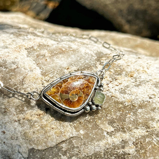 Natural fossilized ammonite and aquamarine bubble necklace, sterling silver paperclip chain Natural Earth Collective Ohio