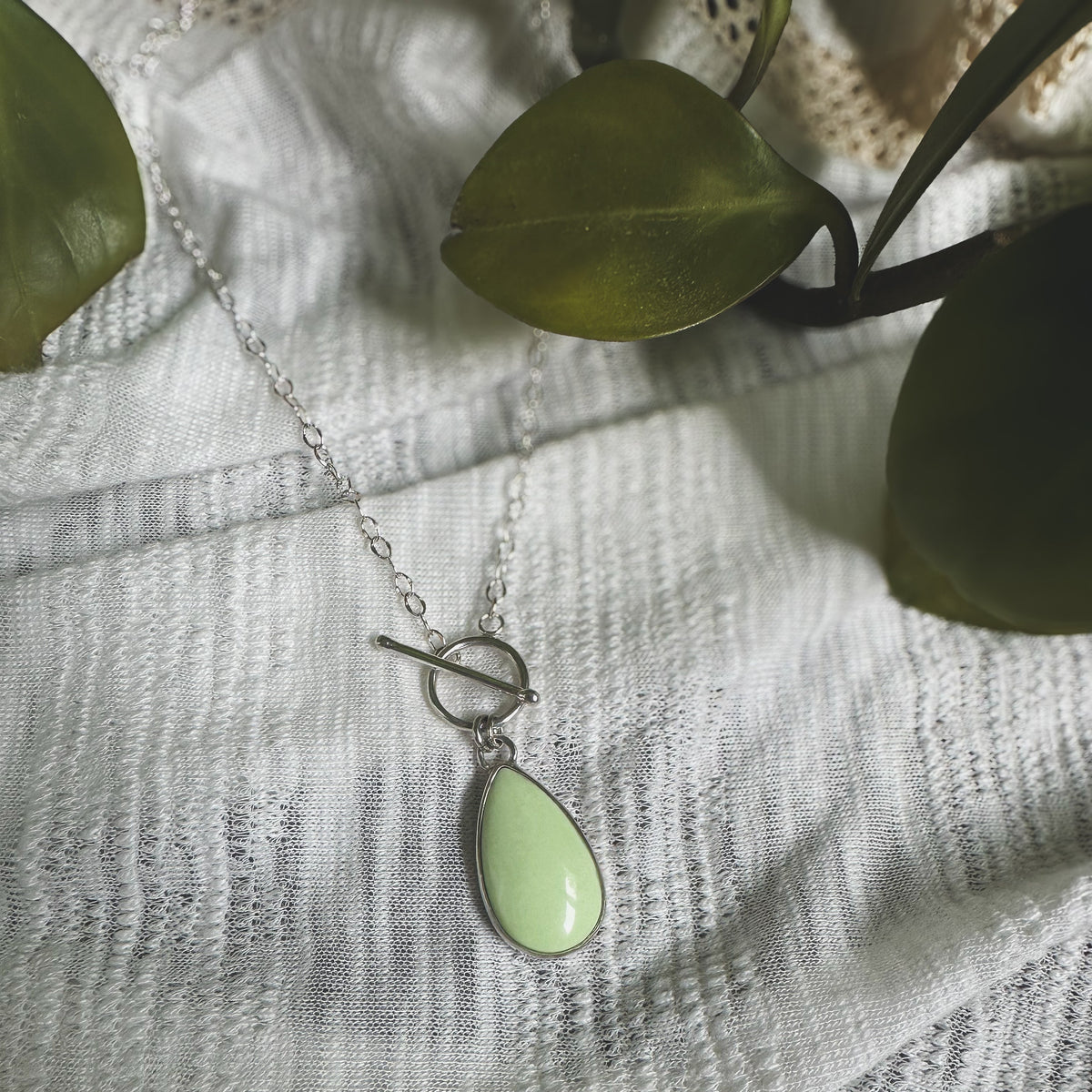 Lemon Chrysoprase toggle necklace, pale glowing yellow-green teardrop sterling silver Natural Earth Collective Ohio