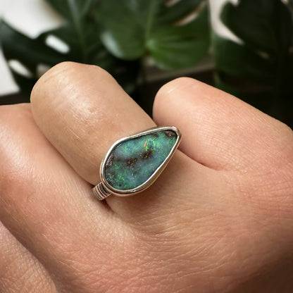 Deep blue Boulder Opal ring detail, hand-stamped sterling silver band Natural Earth Collective Ohio