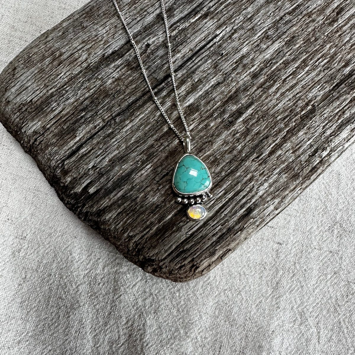 Royston and opal teardrop pendant styled, one of a kind handcrafted Natural Earth Collective Ohio