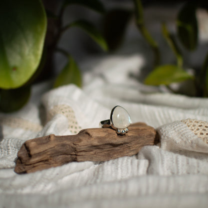 Rainbow Moonstone ring size 7 on hand, one of a kind artisan Natural Earth Collective Ohio