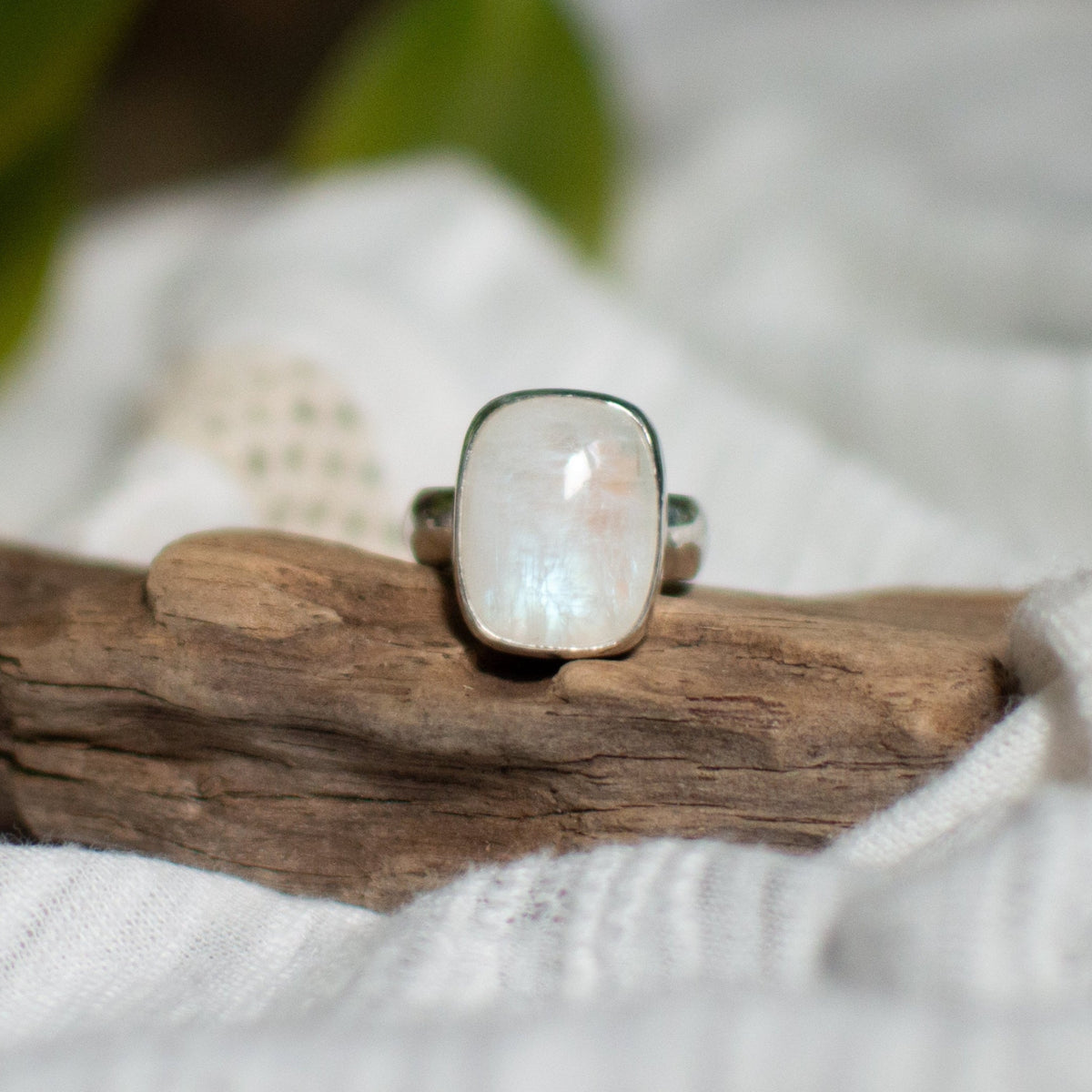 Rainbow Moonstone ring size 8.5 close up, natural adularescence Natural Earth Collective Ohio