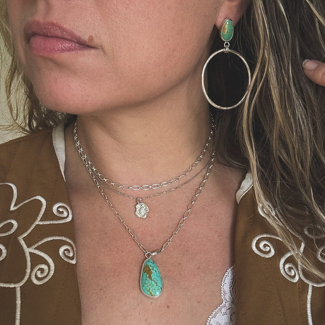 Turquoise hoop earrings styled, Kingman or Sonoran variety Natural Earth Collective Ohio