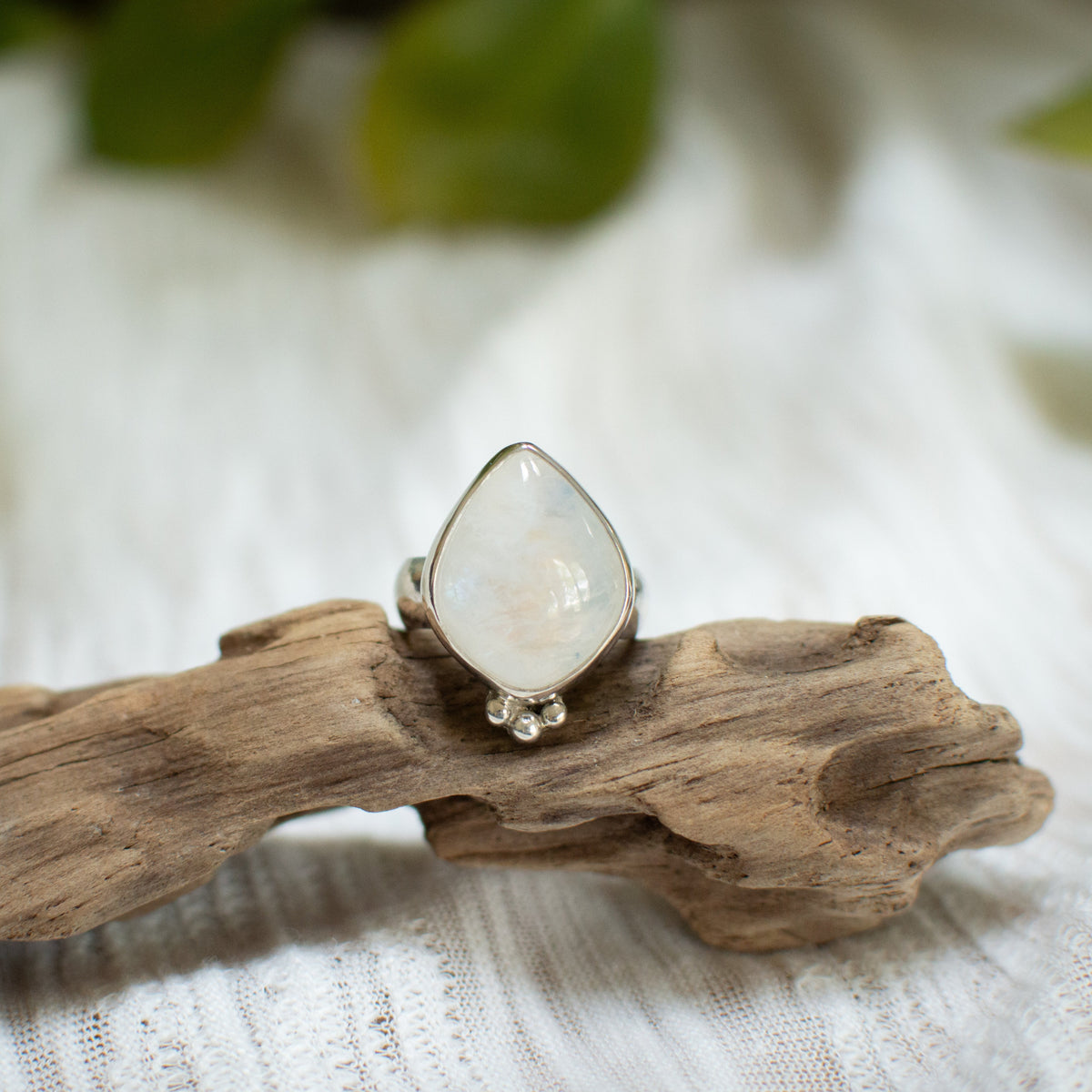 Rainbow Moonstone ring size 7.5 close up, strong blue adularescence Natural Earth Collective Ohio