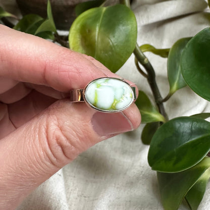 Palomino Variscite ring on hand, one of a kind artisan jewelry Natural Earth Collective Ohio