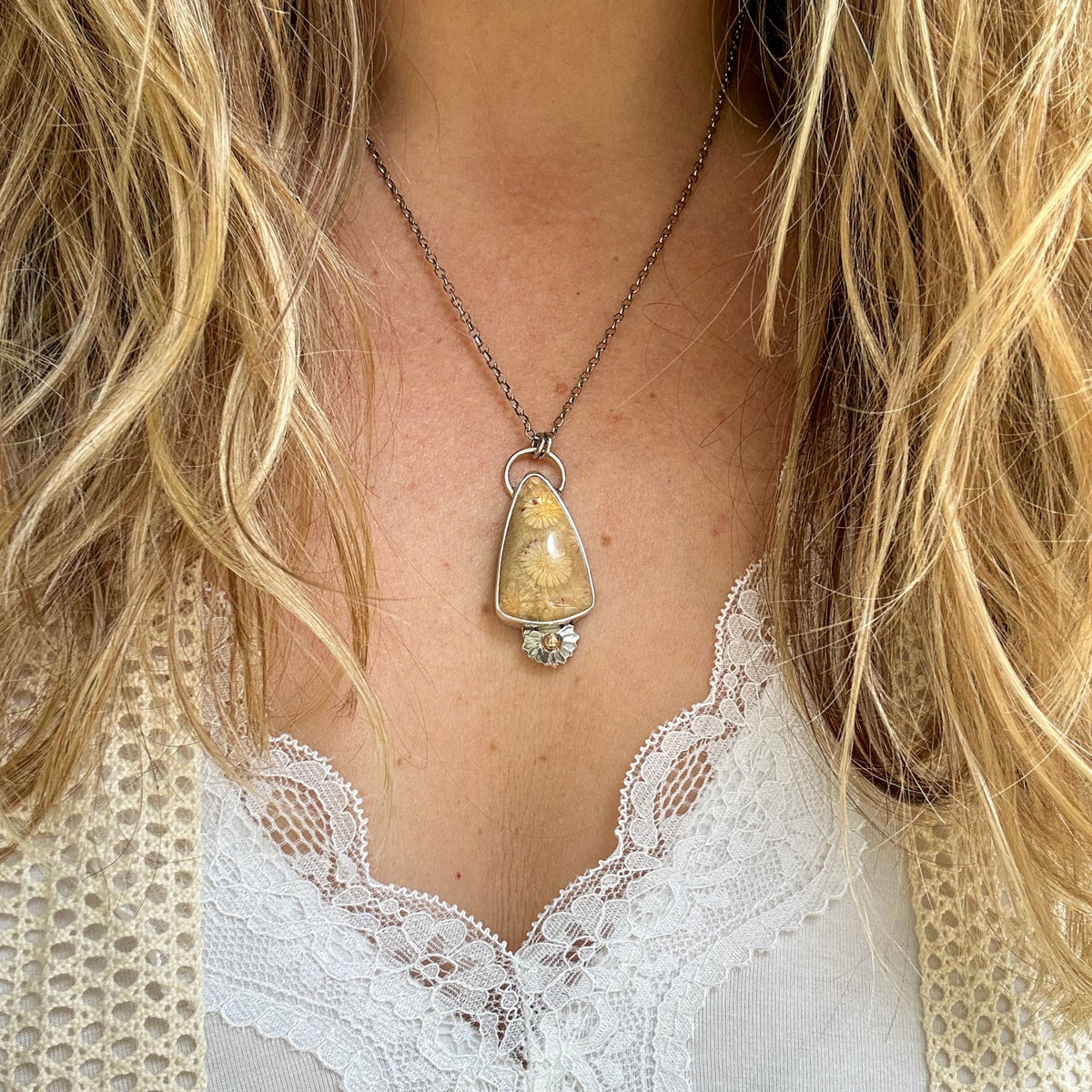 Fossilized coral pendant necklace, ancient reef fossil sterling silver Natural Earth Collective Ohio