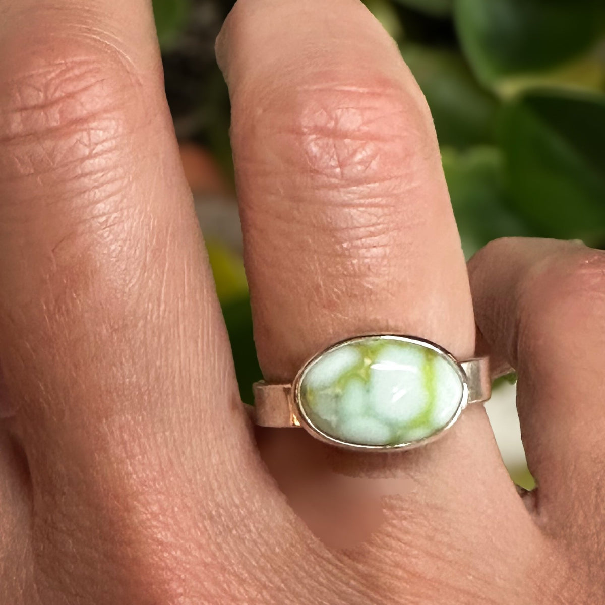 Palomino Variscite ring size 8 close up, soft blue-green natural stone Natural Earth Collective Ohio