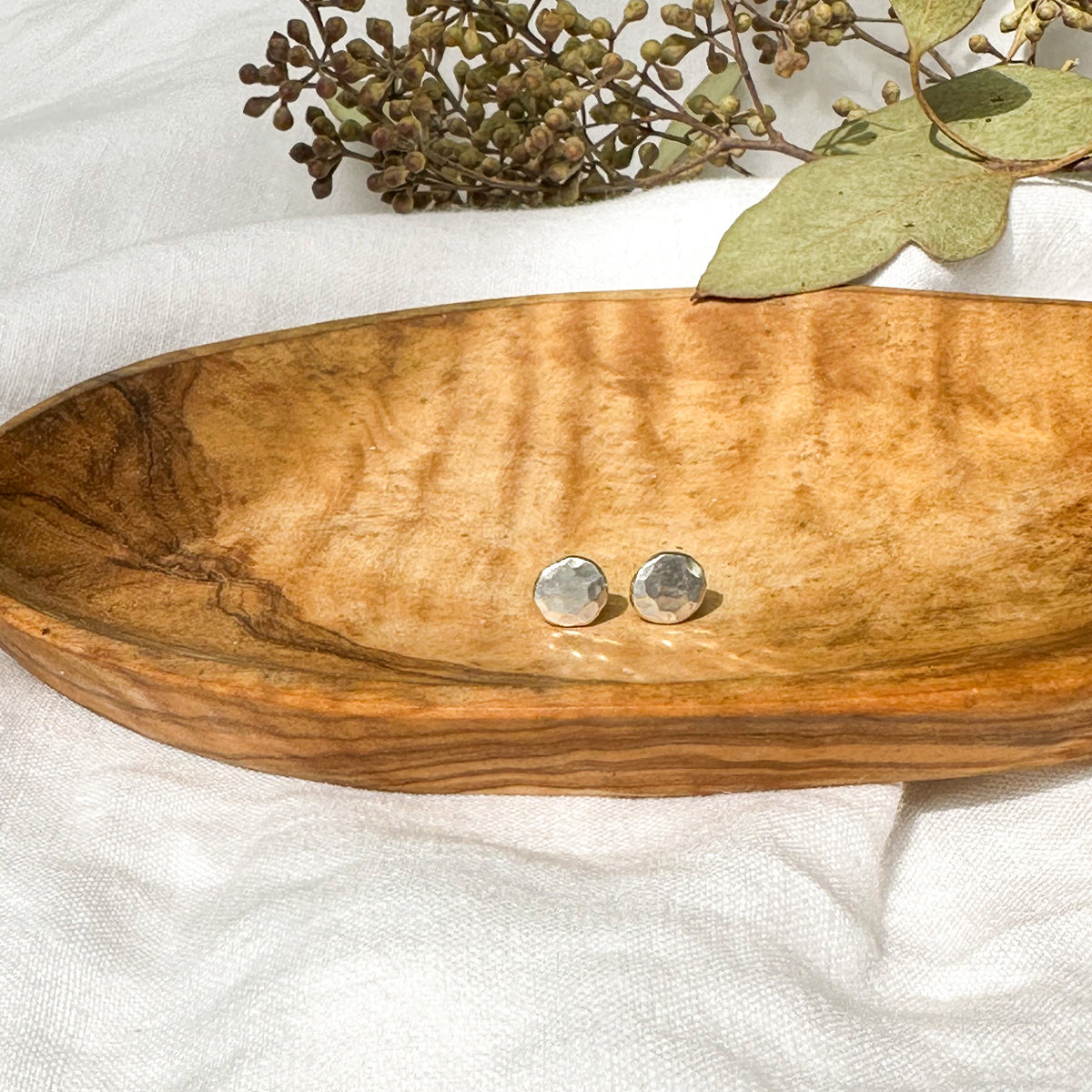 Hammered recycled sterling silver dot stud earrings, sustainable handcrafted jewelry Natural Earth Collective Ohio