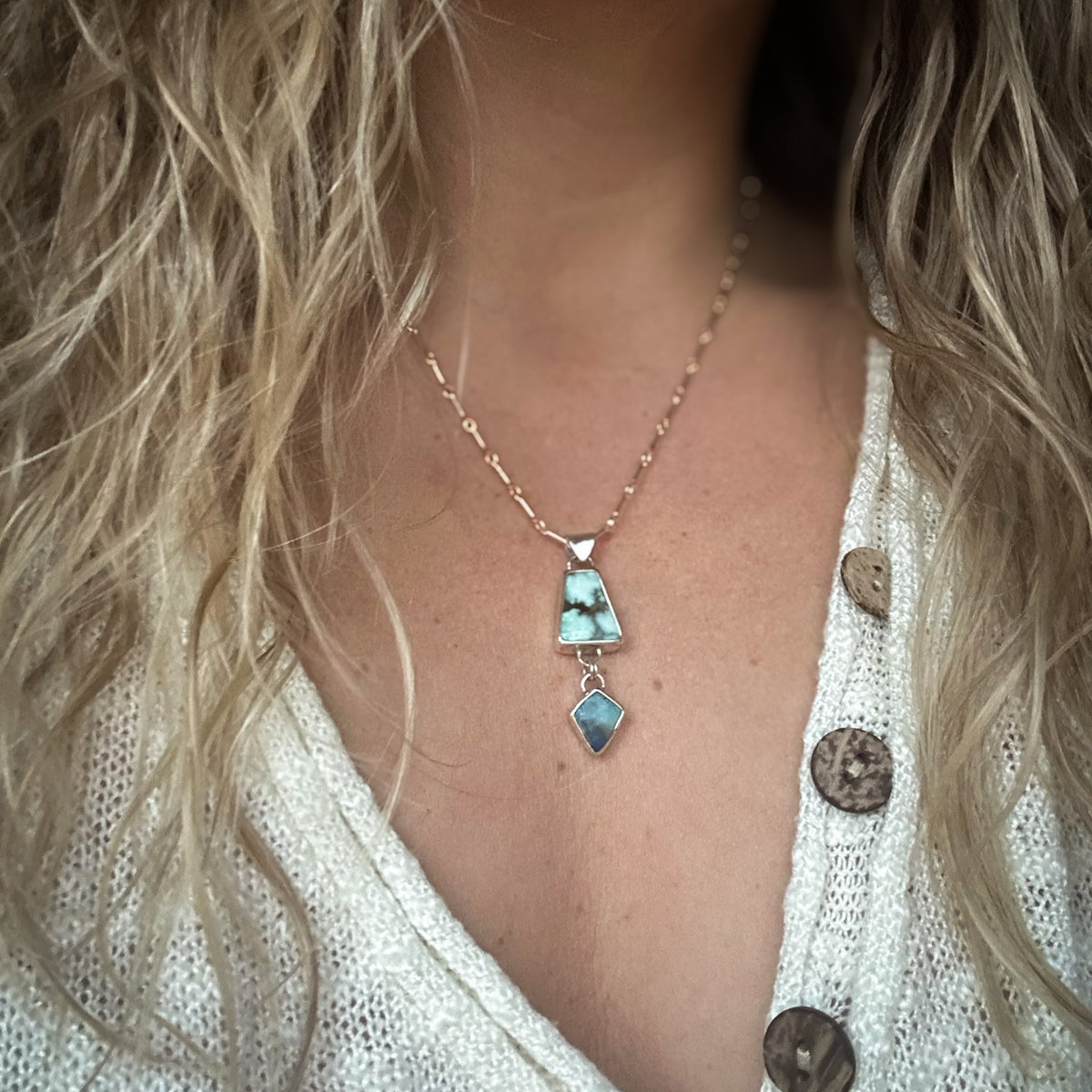 Turquoise opal pendant close up, milky blue turquoise diamond Boulder Opal Natural Earth Collective Ohio