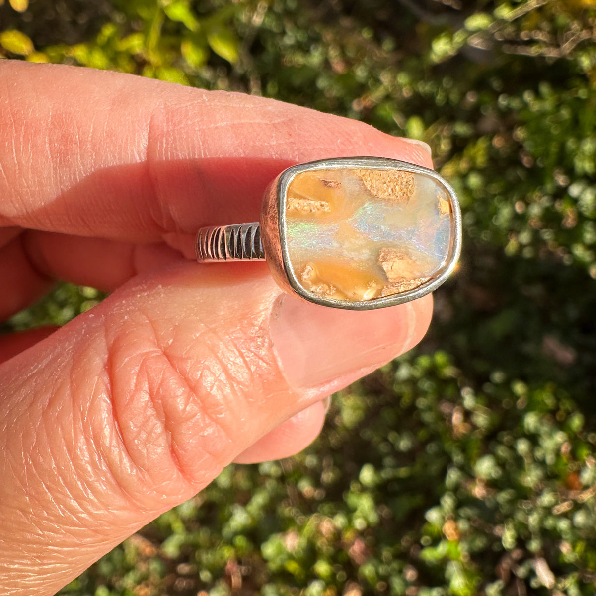 Pastel Boulder Opal ring detail, hand-stamped sterling silver band Natural Earth Collective Ohio